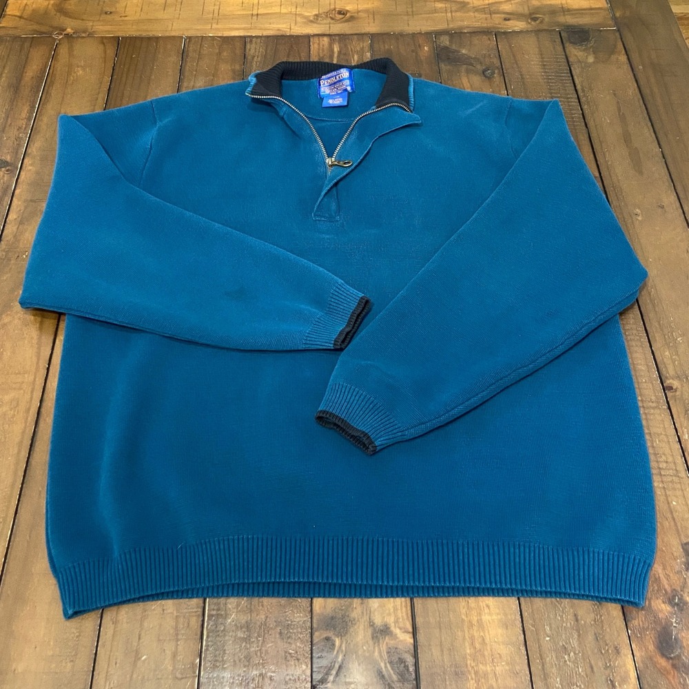 VTG Pendleton Mens Large Teal Blue 100% Cotton Quarter Zip Knit Sweater Y2K‎ - Picture 2 of 8